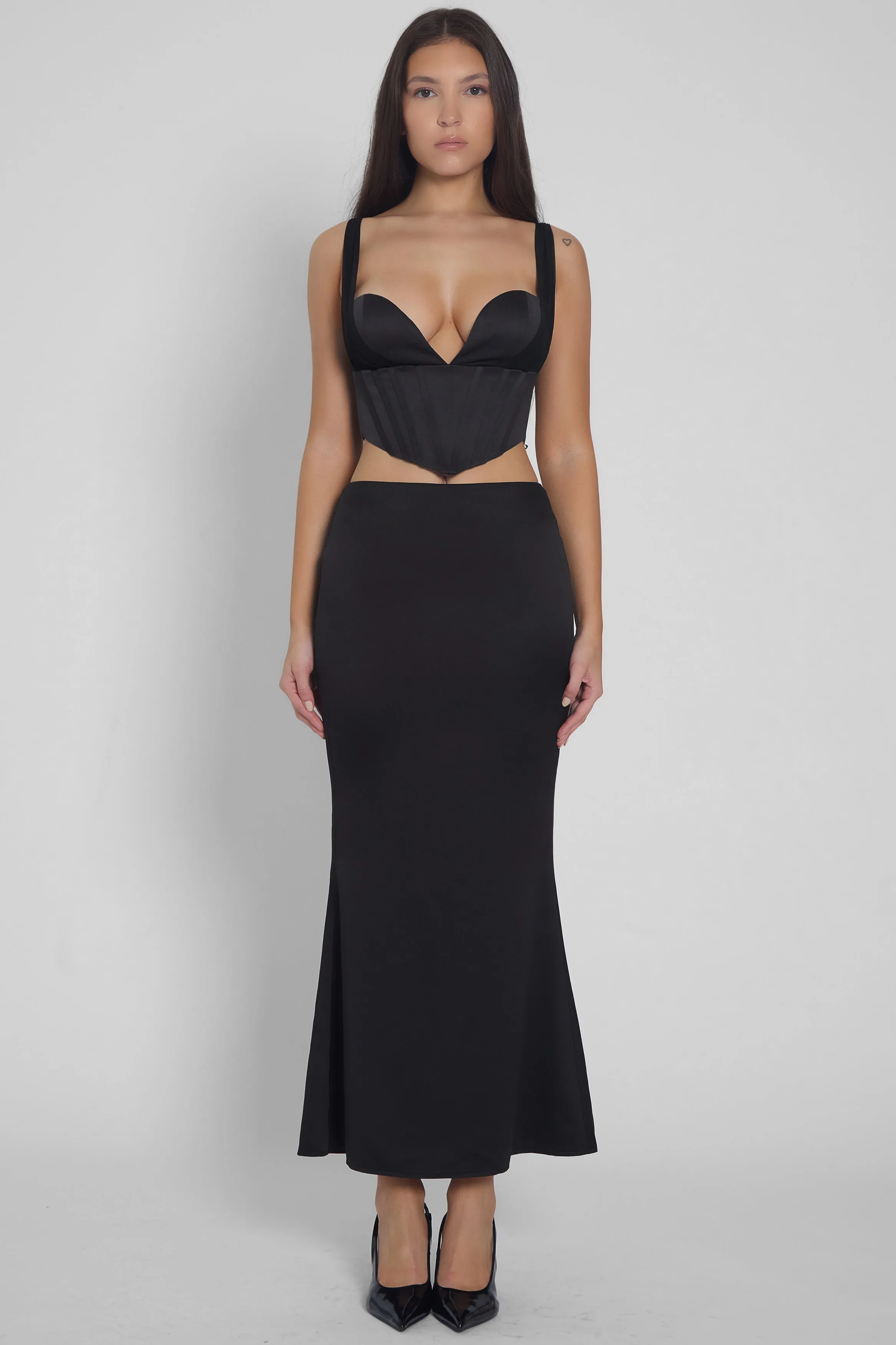 Iris Satin Midi Skirt - Black
