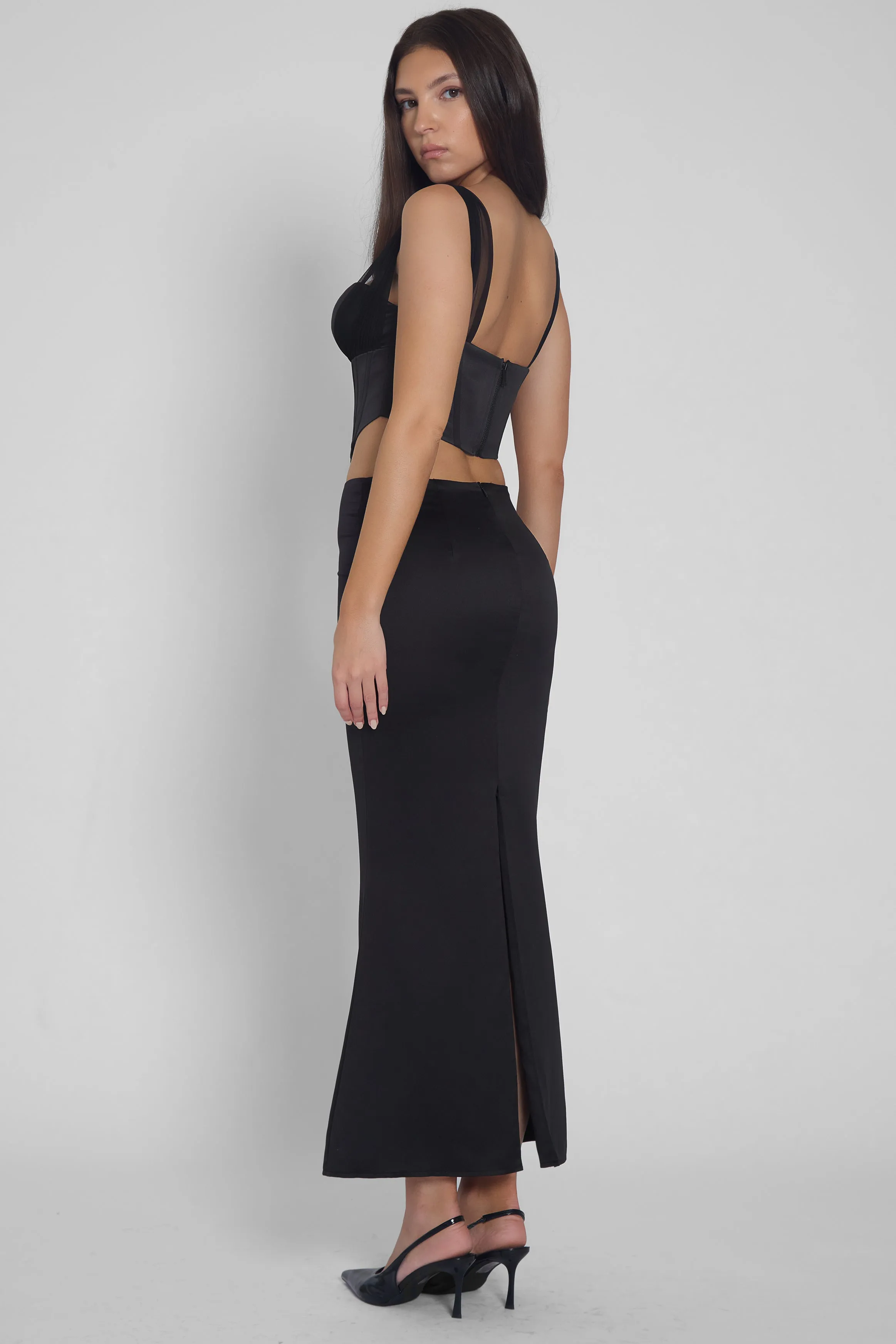 Iris Satin Midi Skirt - Black