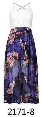 Lace Stitching Printed Sling V-neck Holiday Style Chiffon Midi Dress