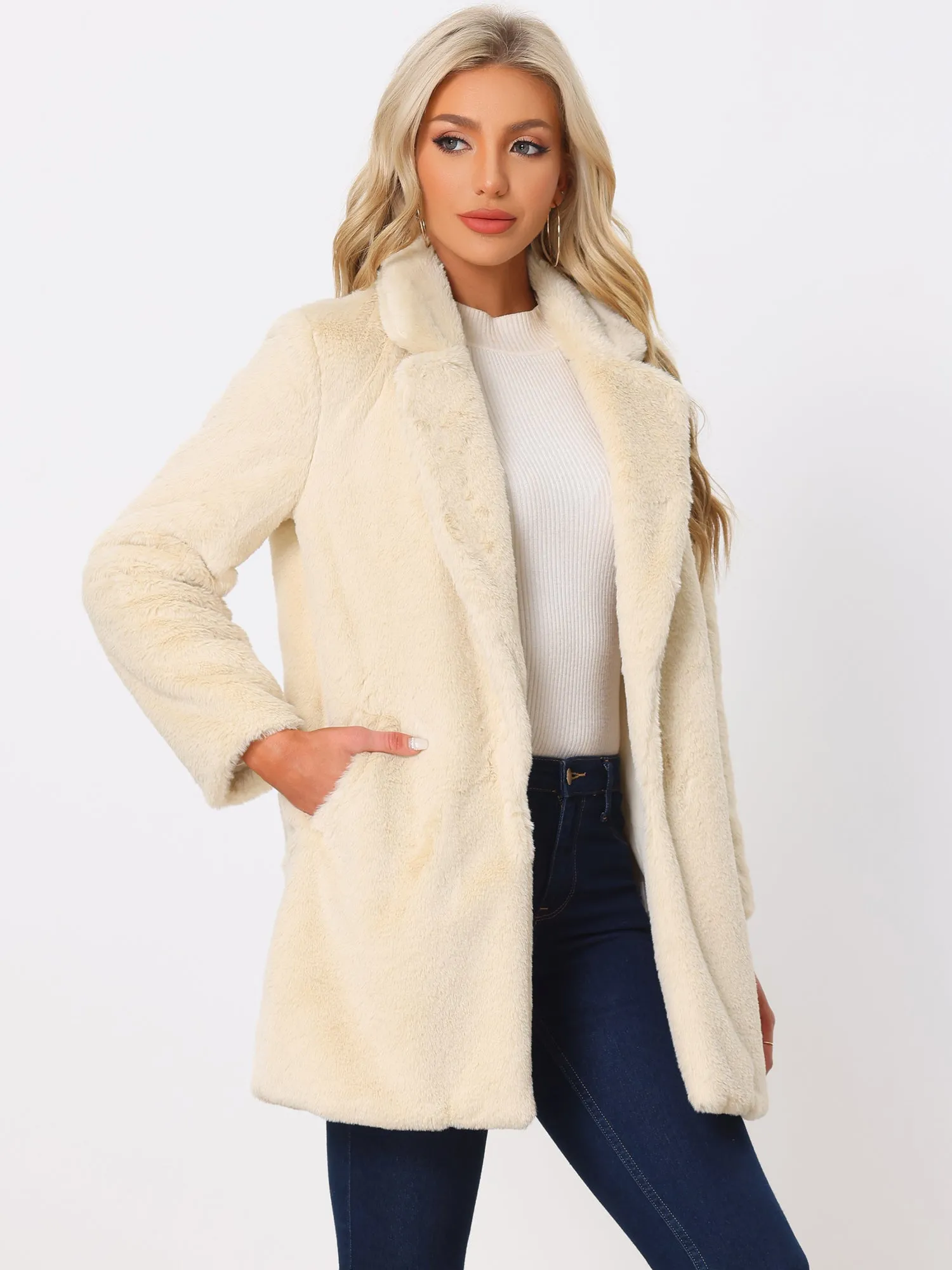 Lapel Collar Faux Fur Fuzzy Winter Warm Pockets Coat Jacket