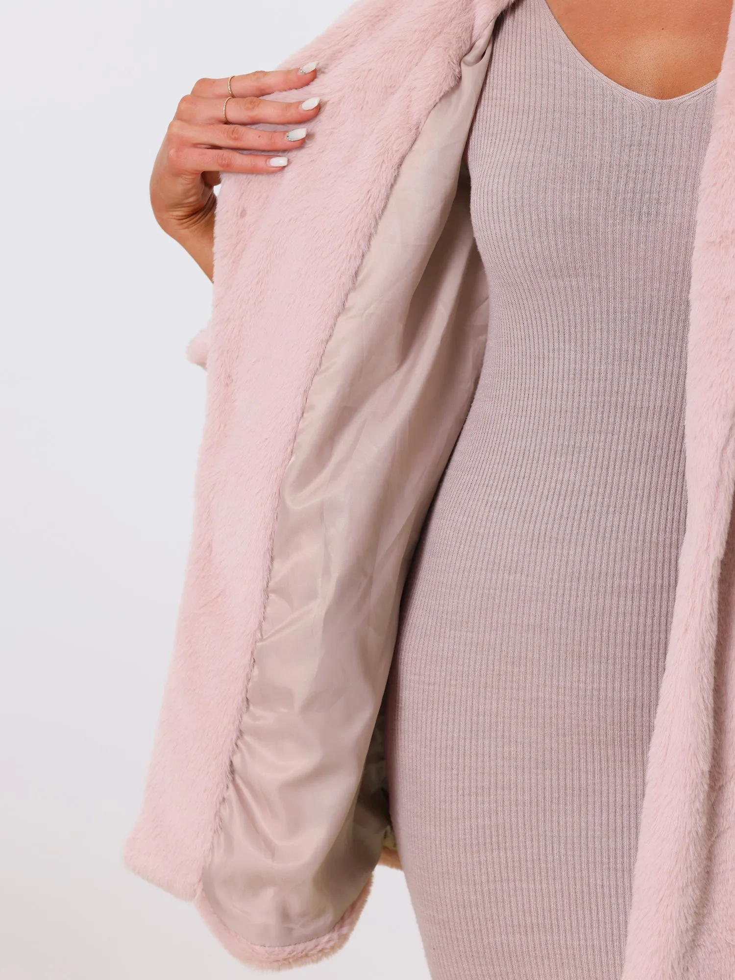 Lapel Collar Faux Fur Fuzzy Winter Warm Pockets Coat Jacket