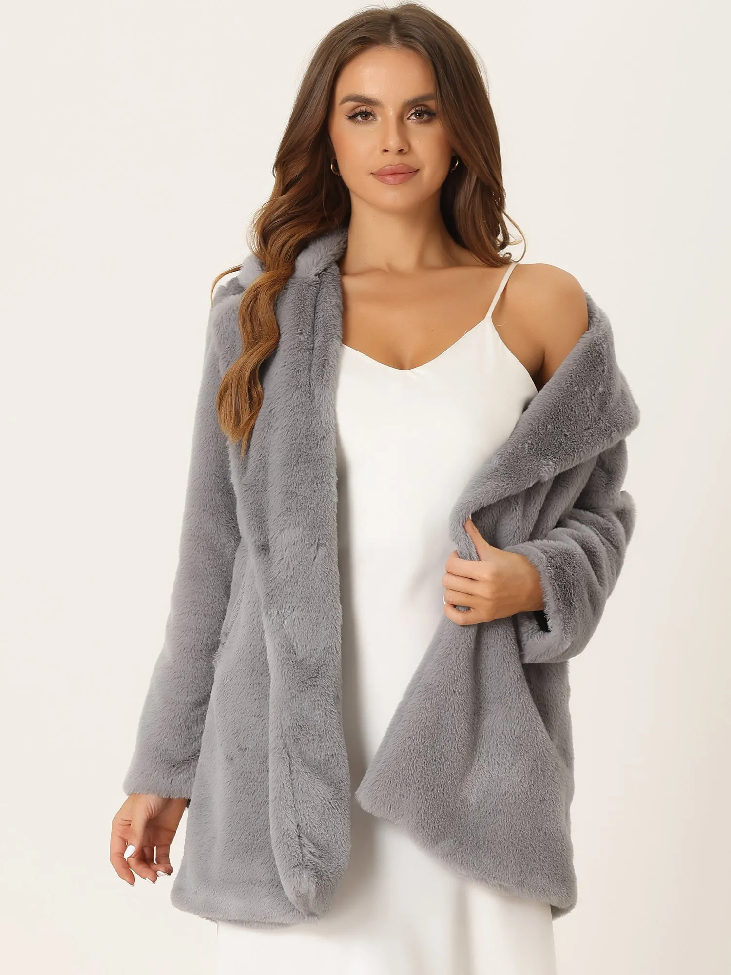 Lapel Collar Faux Fur Fuzzy Winter Warm Pockets Coat Jacket