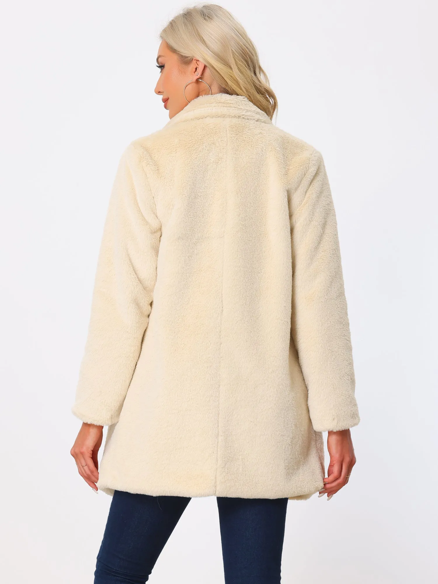 Lapel Collar Faux Fur Fuzzy Winter Warm Pockets Coat Jacket
