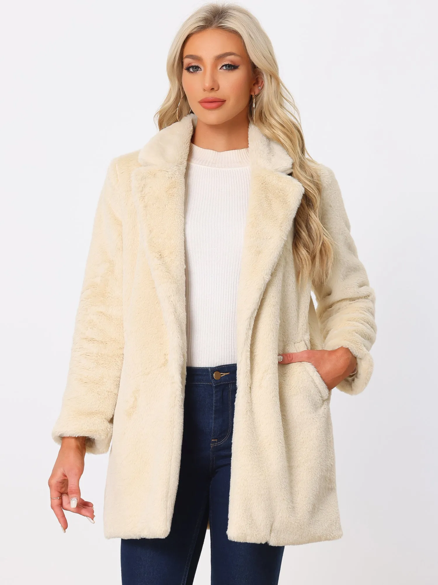 Lapel Collar Faux Fur Fuzzy Winter Warm Pockets Coat Jacket