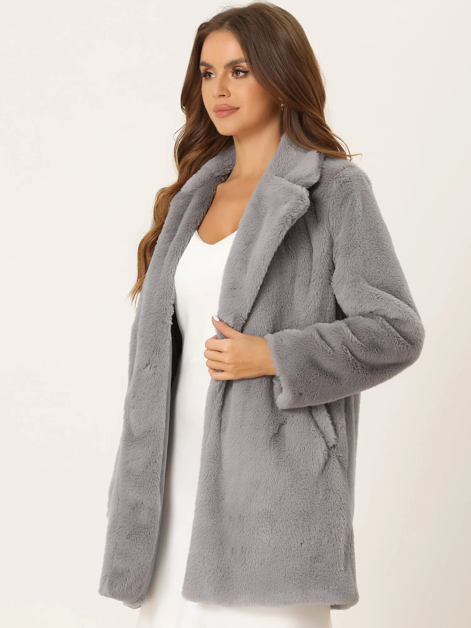 Lapel Collar Faux Fur Fuzzy Winter Warm Pockets Coat Jacket