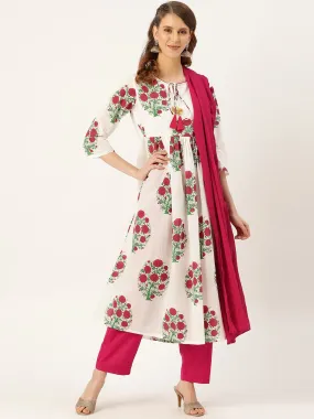 Magenta Floral Kurta With Pants & Magenta Crinkled Dupatta