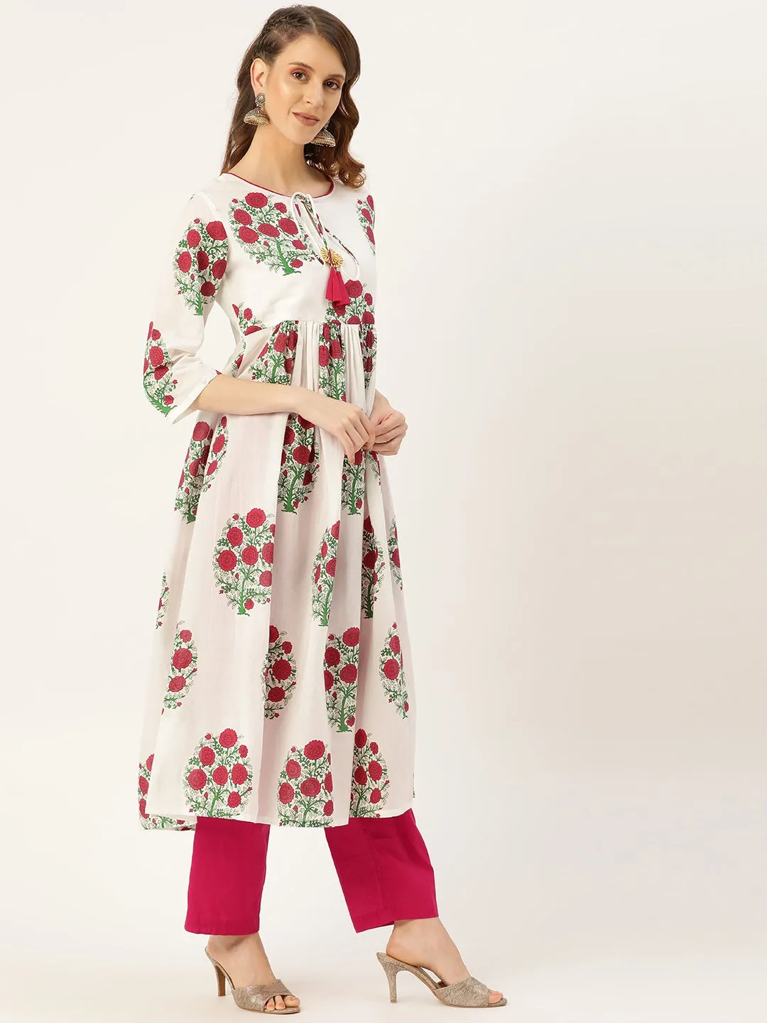 Magenta Floral Kurta With Pants & Magenta Crinkled Dupatta