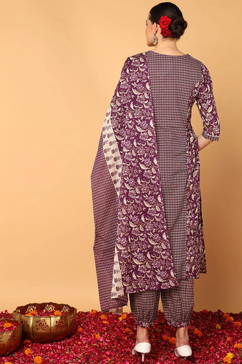Magenta Pure Cotton Floral Printed Flared Suit Set