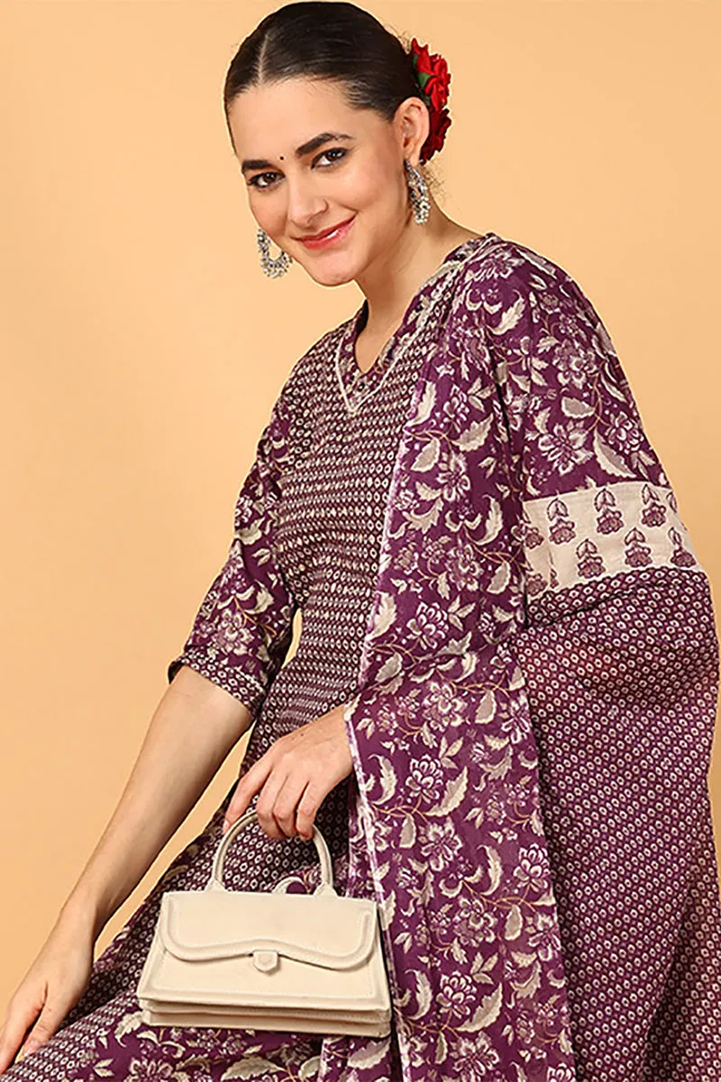 Magenta Pure Cotton Floral Printed Flared Suit Set