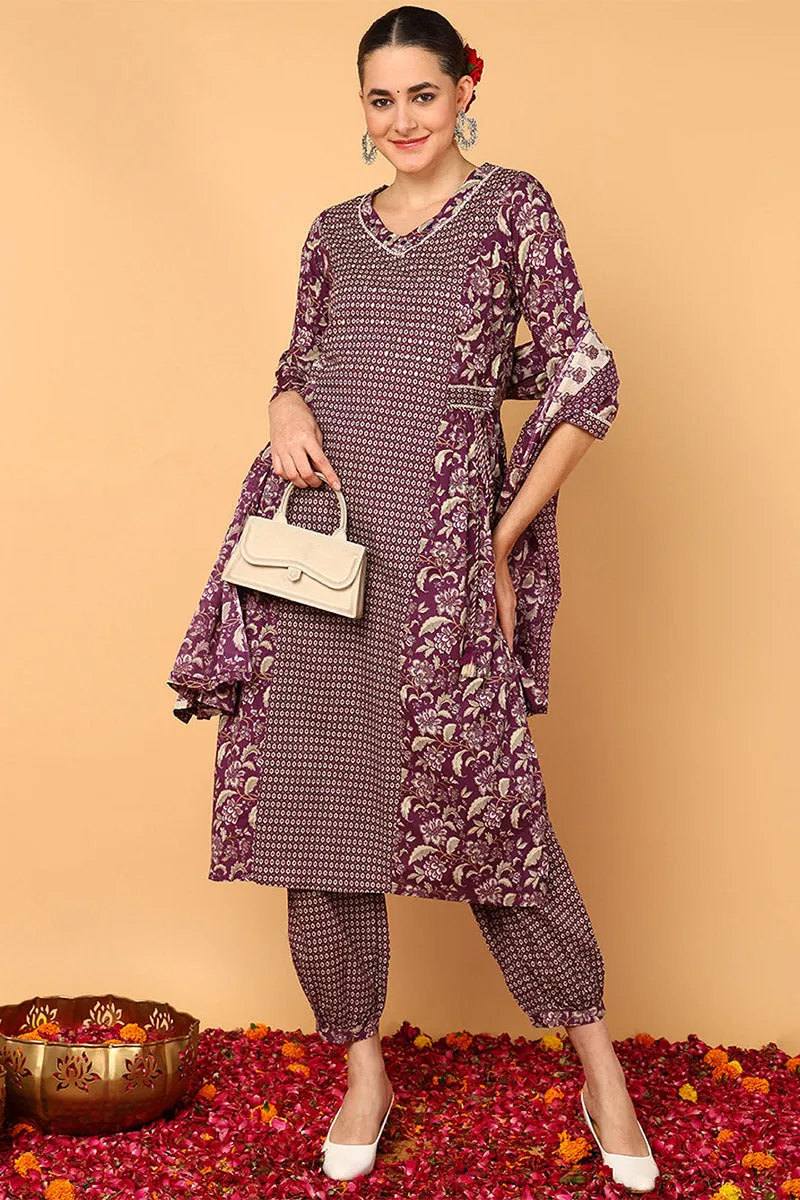 Magenta Pure Cotton Floral Printed Flared Suit Set