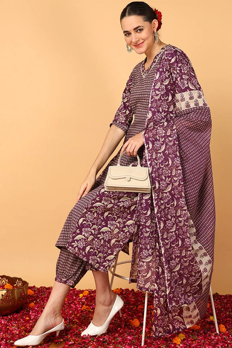 Magenta Pure Cotton Floral Printed Flared Suit Set