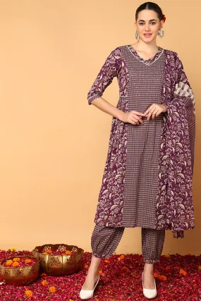 Magenta Pure Cotton Floral Printed Flared Suit Set