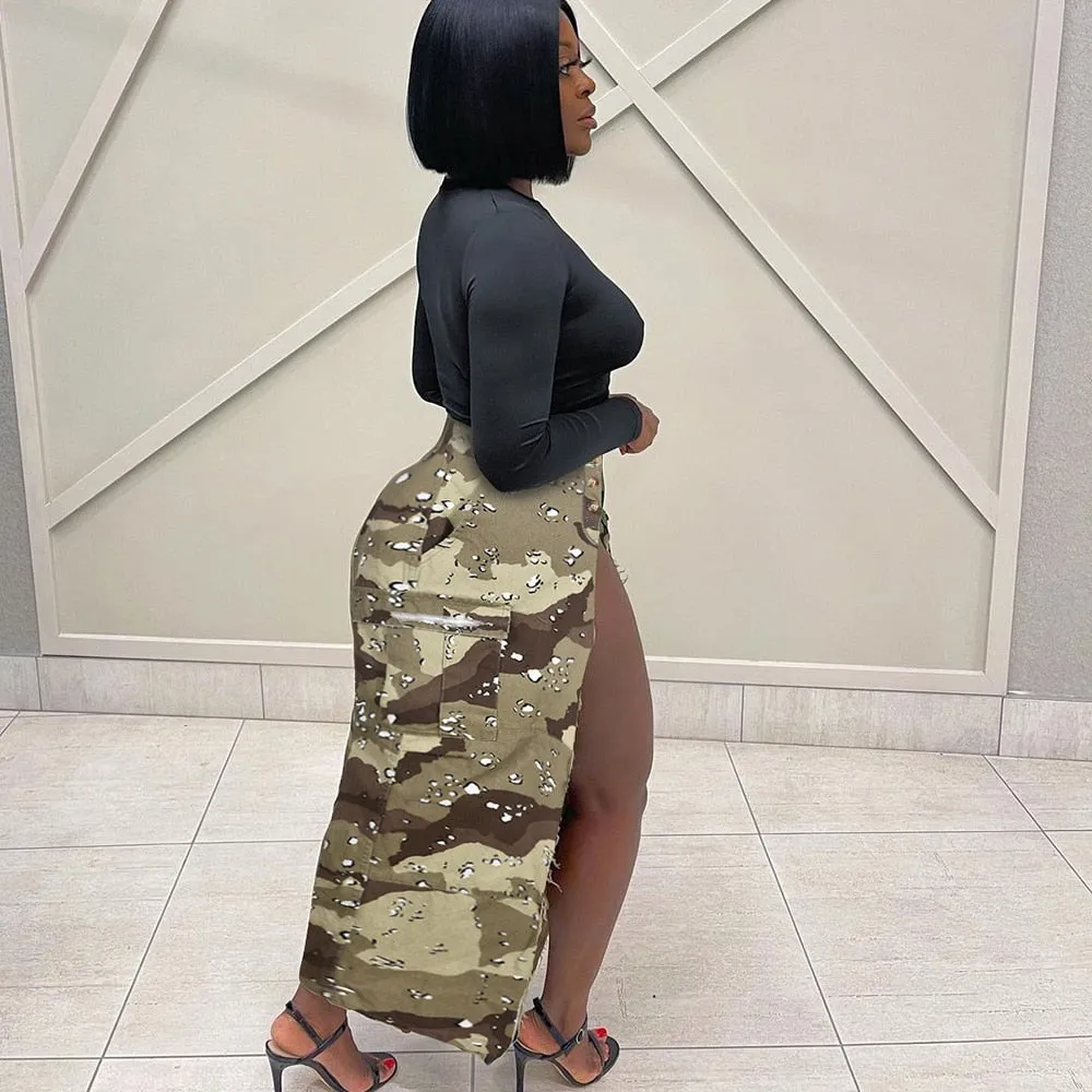 Maxi Camo Side Split Skirt
