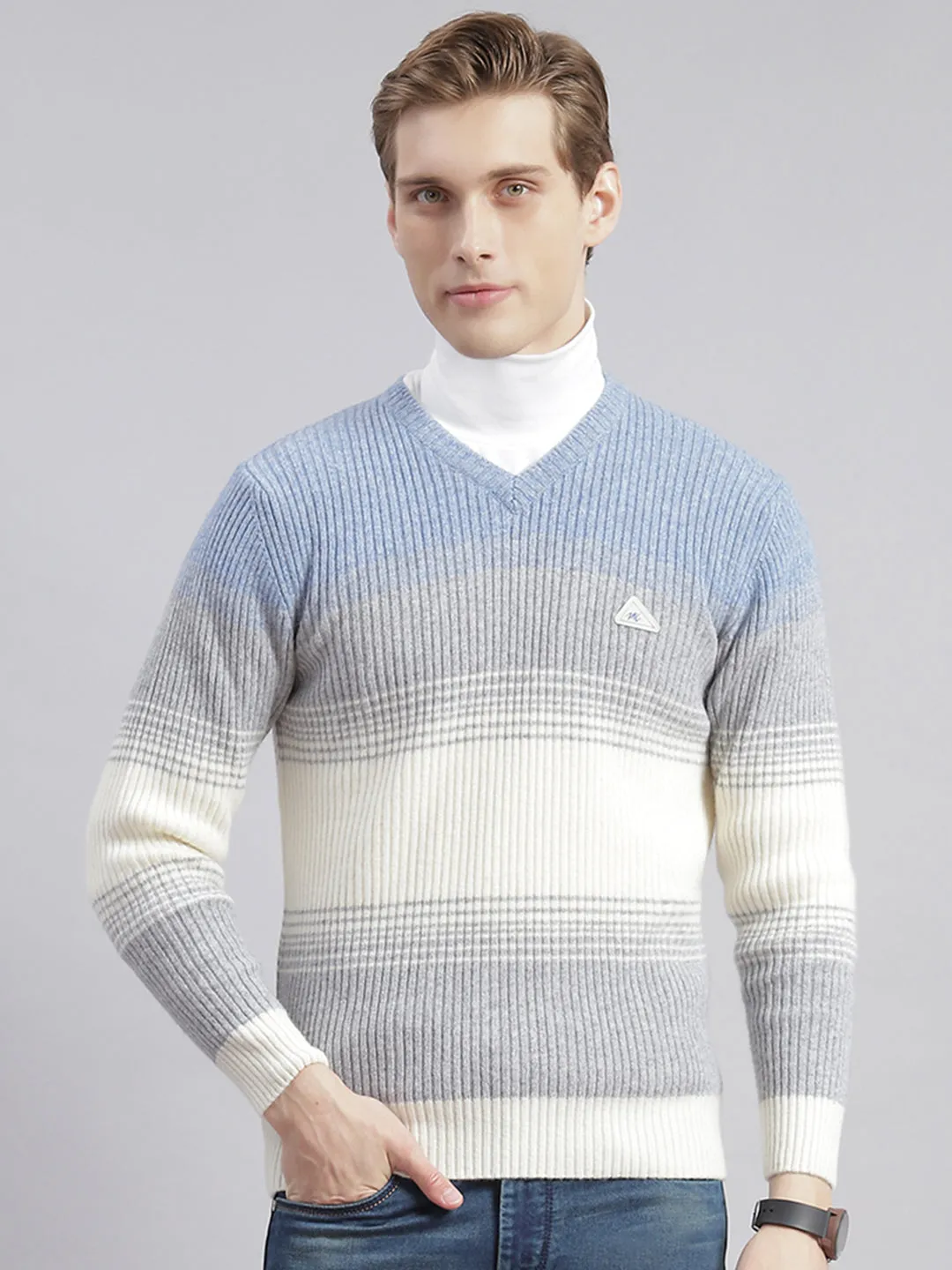 Men Grey Stripe V Neck Full Sleeve Sweaters/Pullovers
