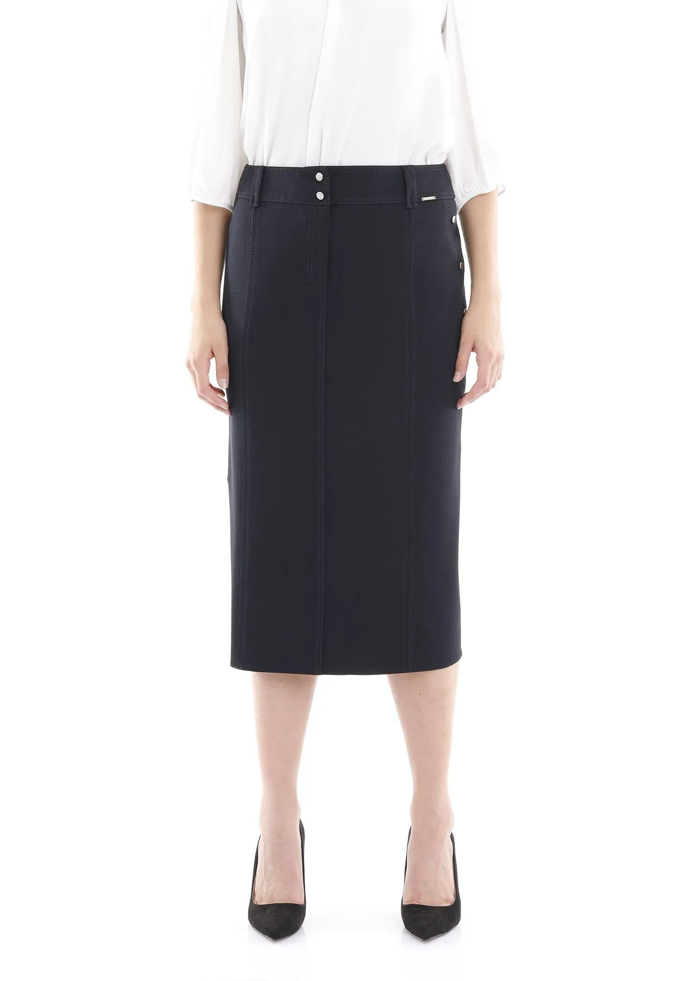 Midi Skirt Decorative Metal Snaps Side Vented