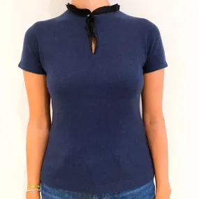 Midnight Blue Short Sleeved Cashmere Mandarin Neck Jumper Small
