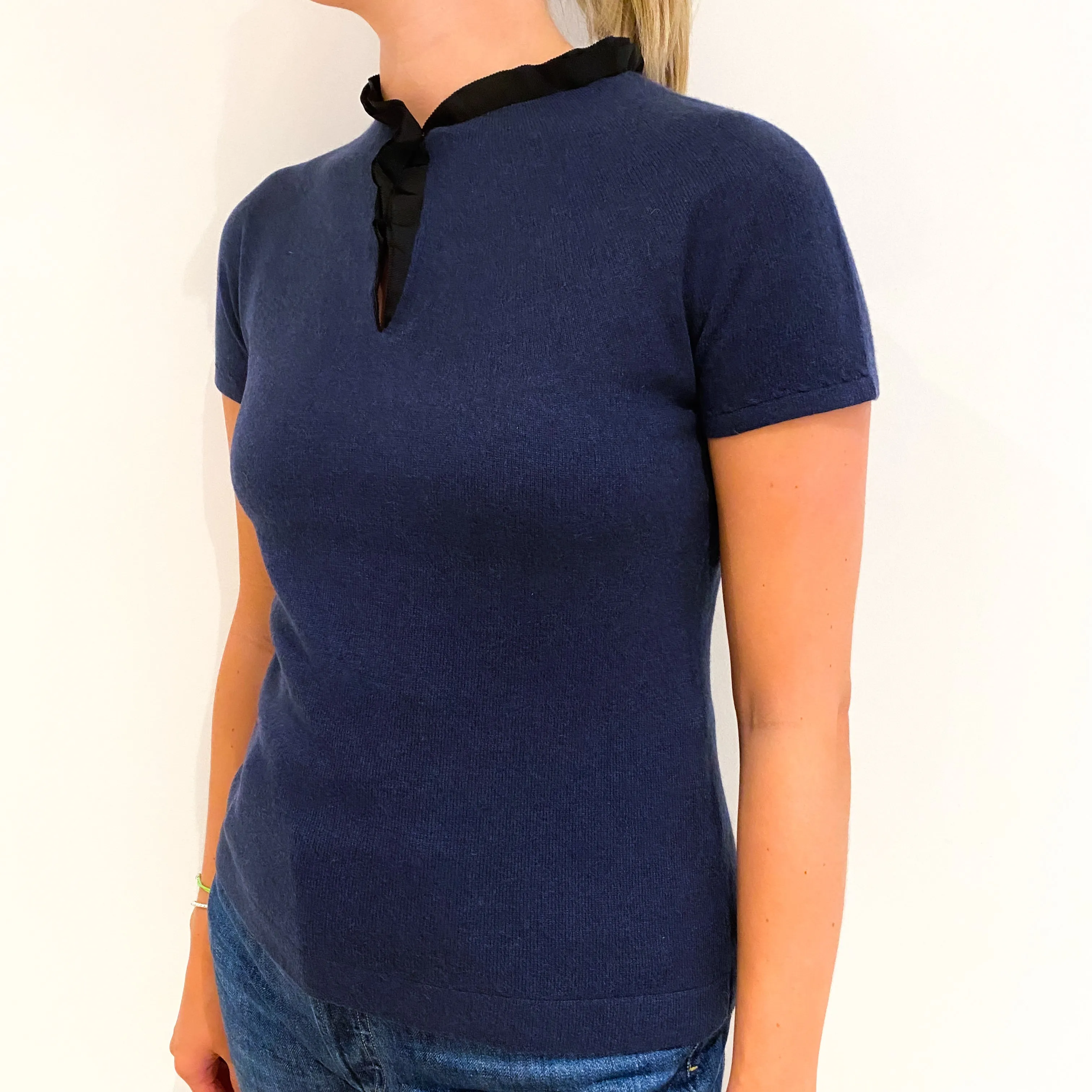 Midnight Blue Short Sleeved Cashmere Mandarin Neck Jumper Small
