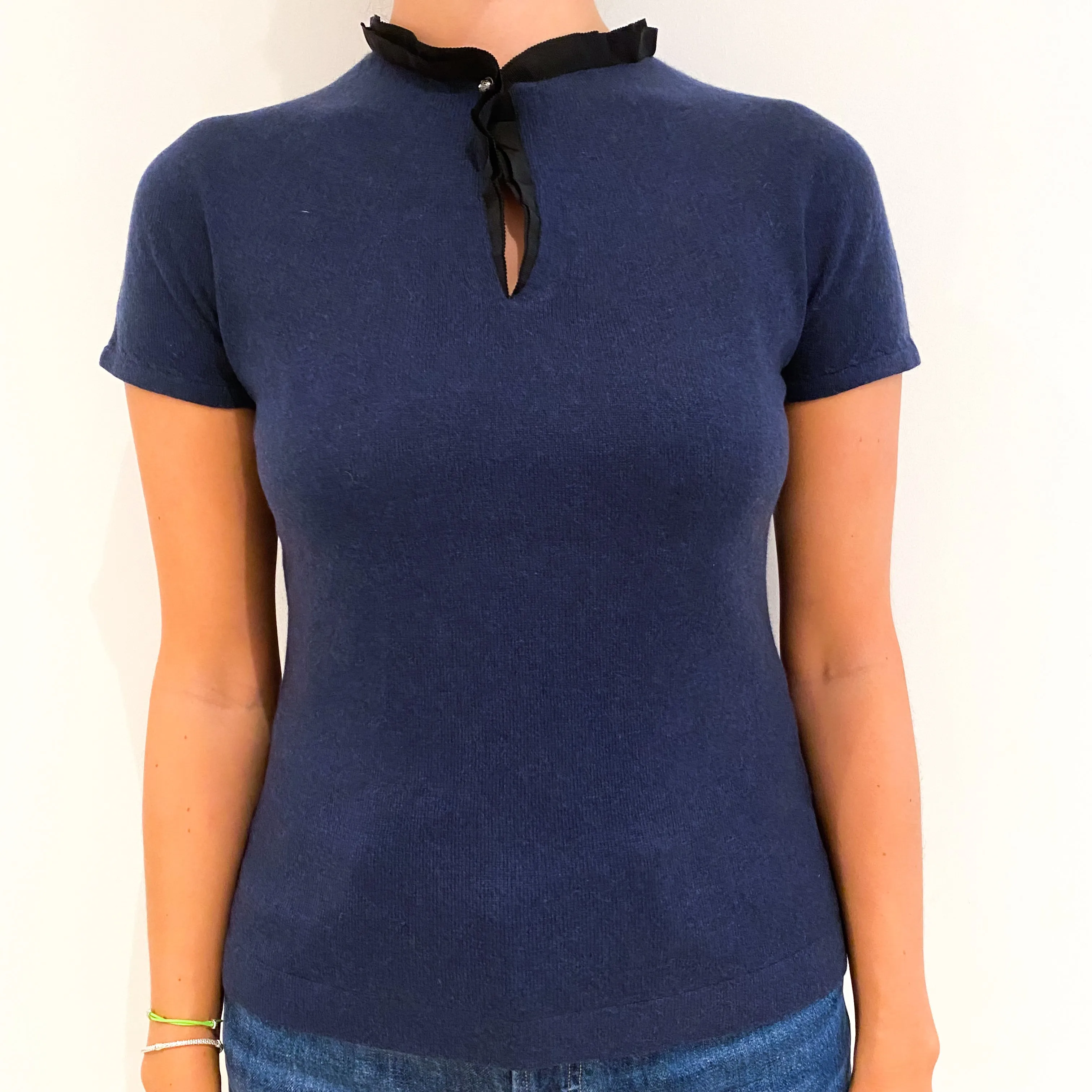 Midnight Blue Short Sleeved Cashmere Mandarin Neck Jumper Small