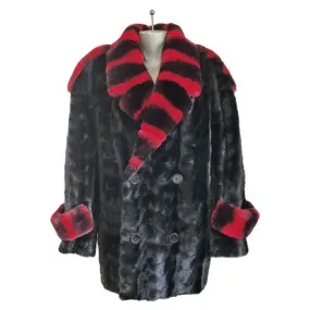 Mink Paws Pea Coat w/Red Rex Rabbit Collar - Black