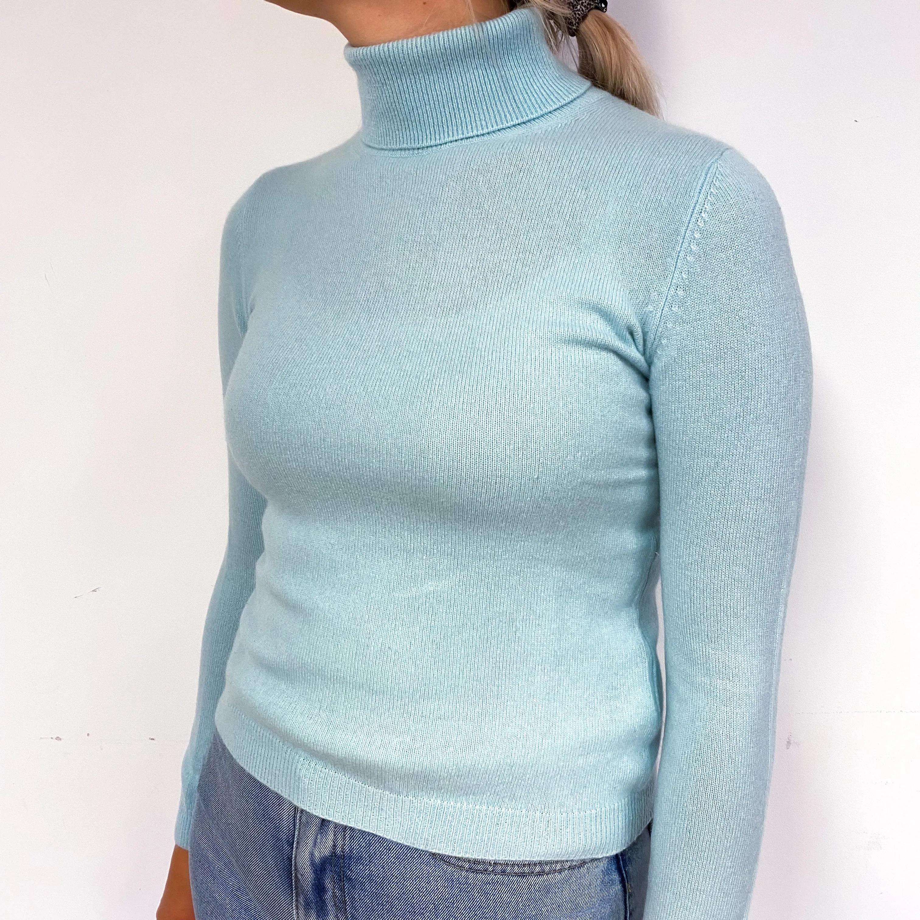 Mint Blue Cashmere Polo Neck Jumper Small