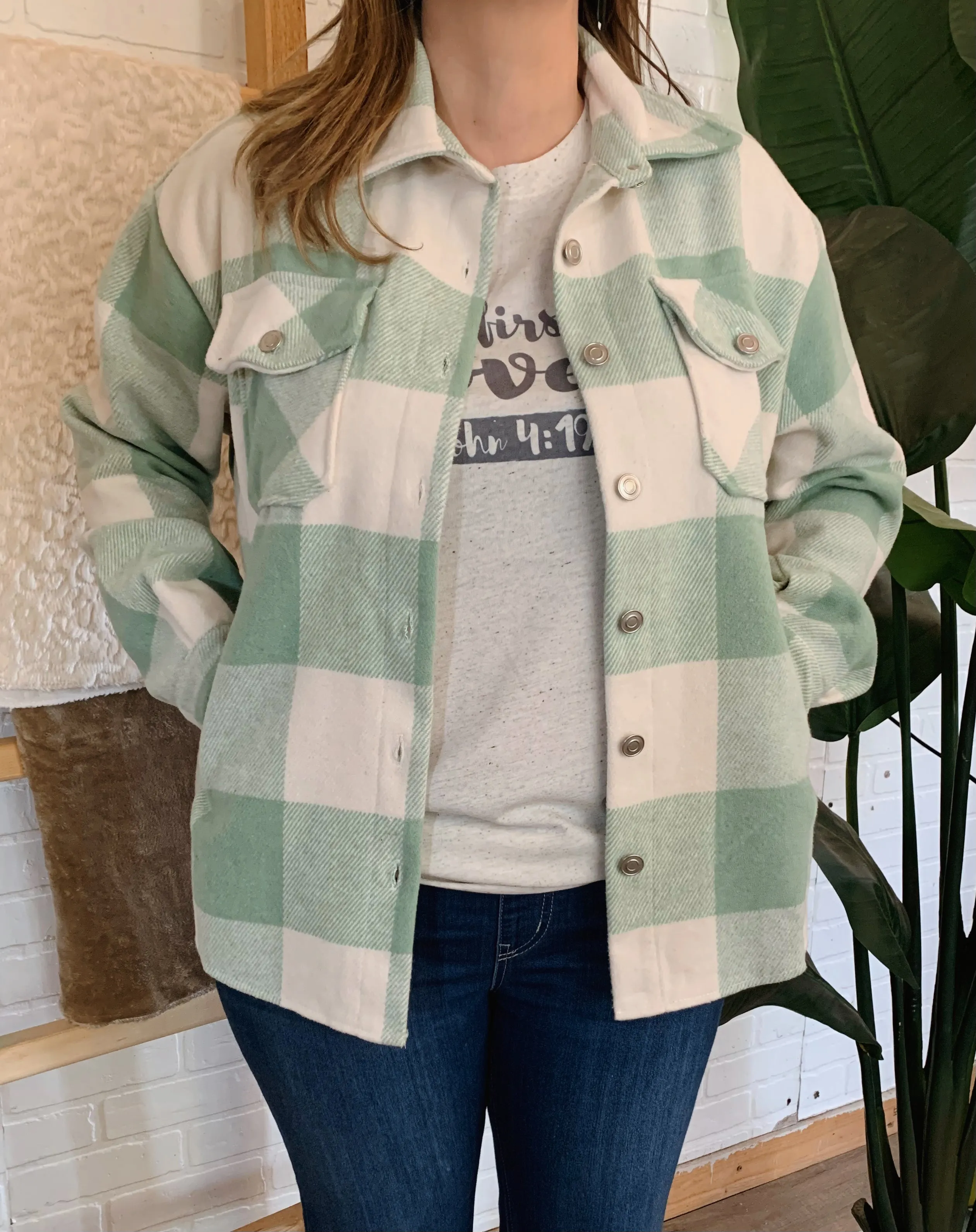 Mint Plaid Print Oversize Thick Flannel