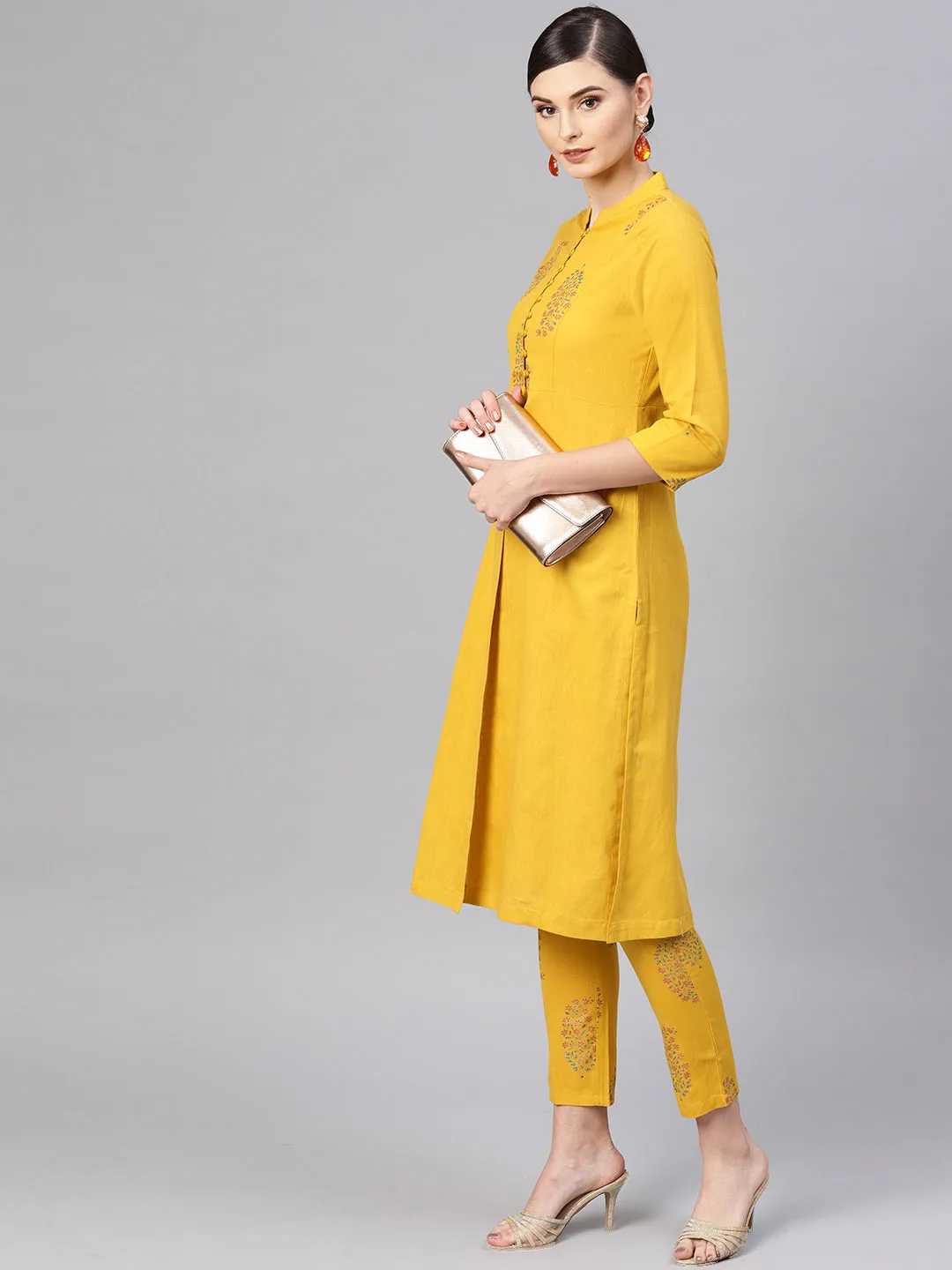 Mustard Paisley Front Yoke Kurta With Mustard Floral Pants