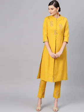Mustard Paisley Front Yoke Kurta With Mustard Floral Pants
