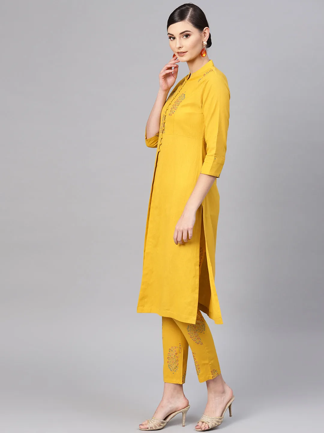 Mustard Paisley Front Yoke Kurta With Mustard Floral Pants