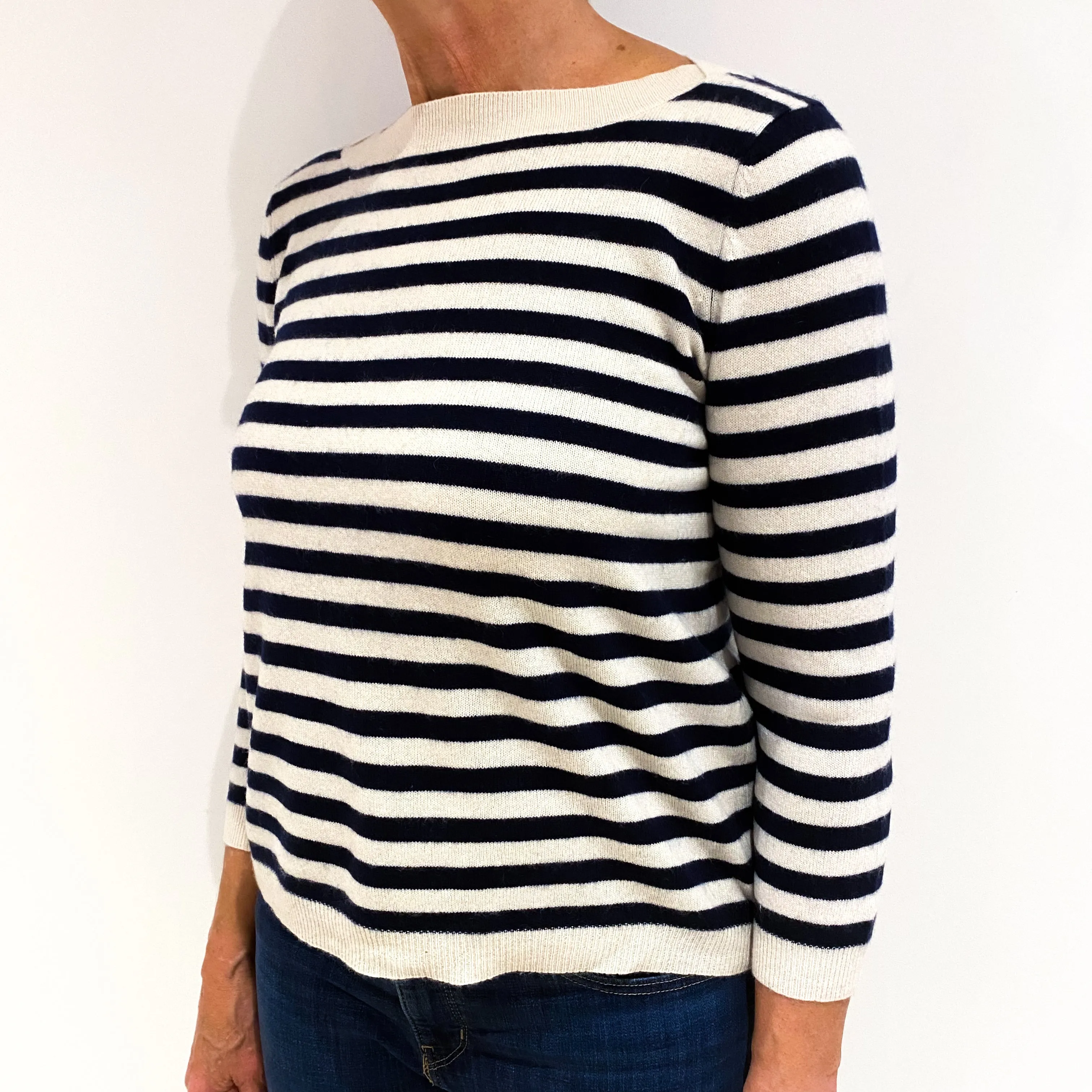 Navy and Winter White Striped Cashmere Slash Neck Jumper Medium