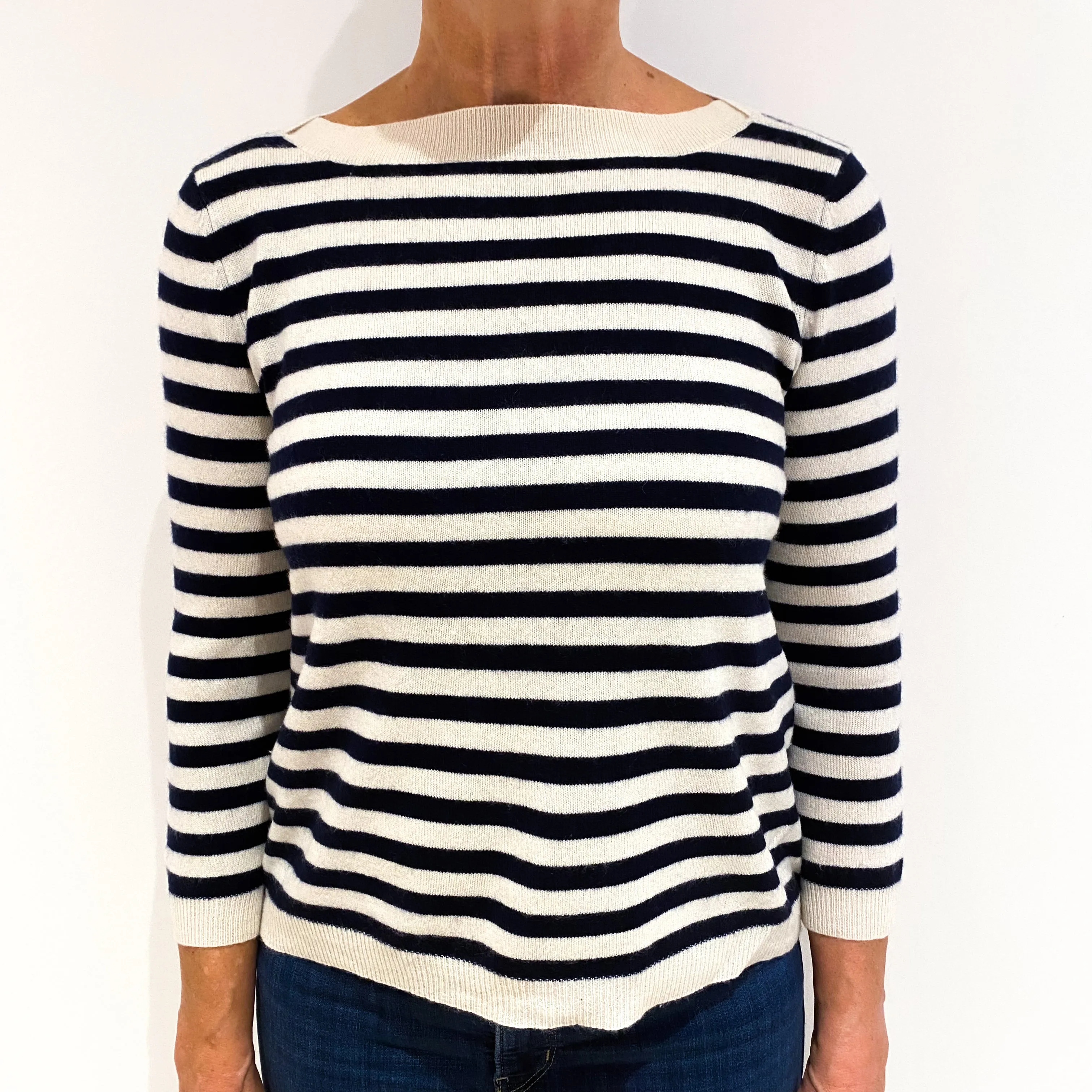 Navy and Winter White Striped Cashmere Slash Neck Jumper Medium