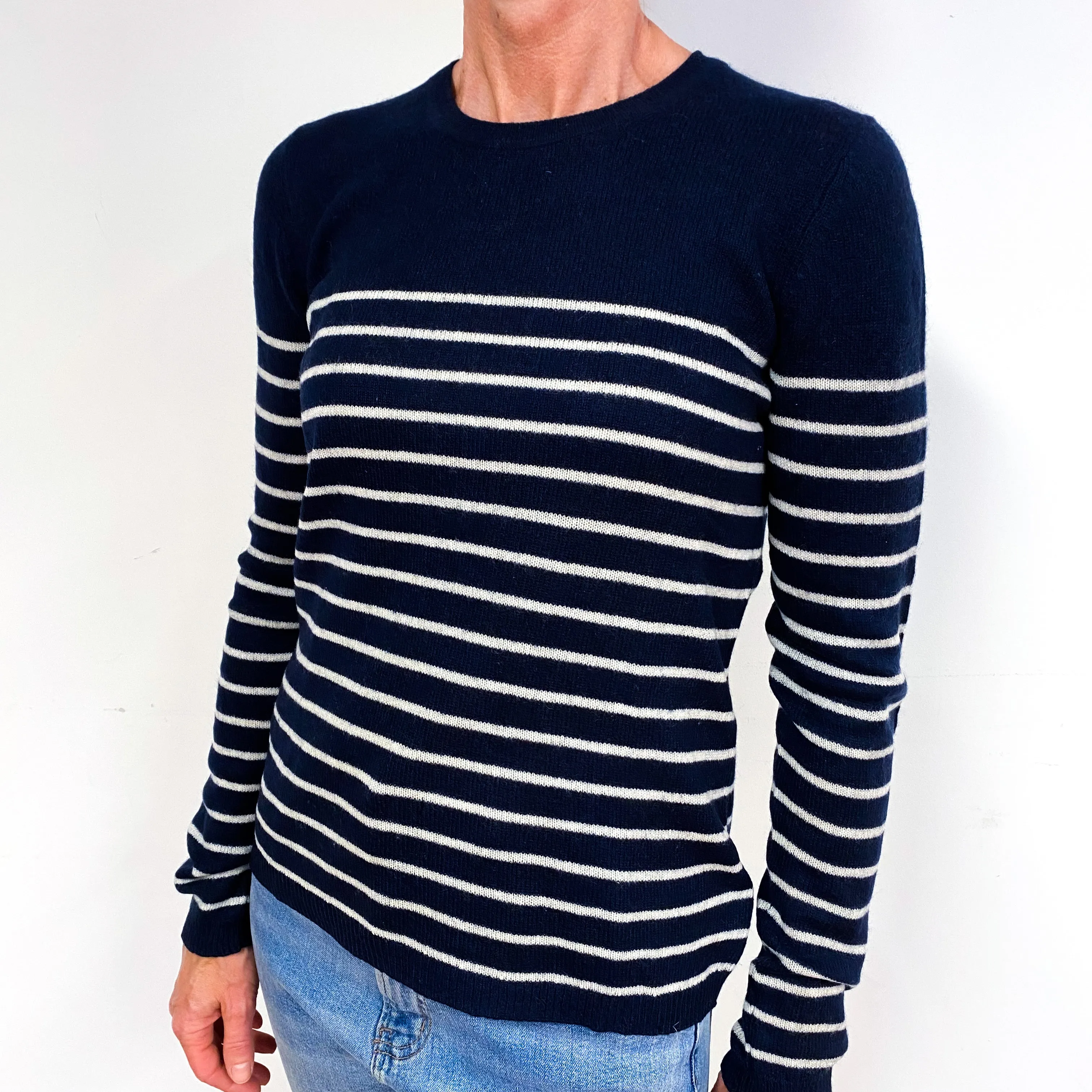 Navy Blue and Cream Striped Cashmere Crew Neck Jumper Medium