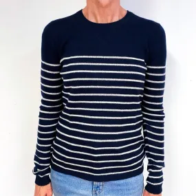 Navy Blue and Cream Striped Cashmere Crew Neck Jumper Medium