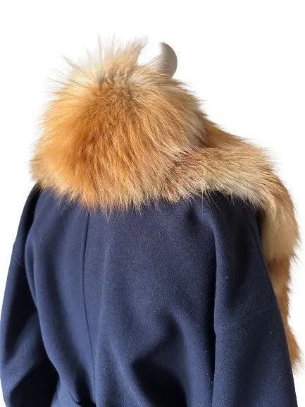 Navy Wrap Elegant Women coat, Long Belted Feminine Overcoat Trim Fox Fur, Cashmere Woolen blend Coat Wrap