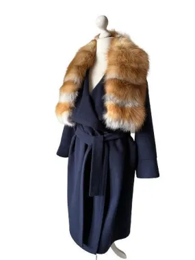 Navy Wrap Elegant Women coat, Long Belted Feminine Overcoat Trim Fox Fur, Cashmere Woolen blend Coat Wrap