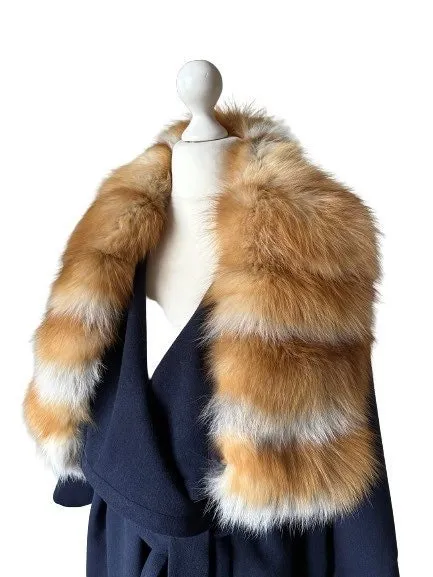 Navy Wrap Elegant Women coat, Long Belted Feminine Overcoat Trim Fox Fur, Cashmere Woolen blend Coat Wrap