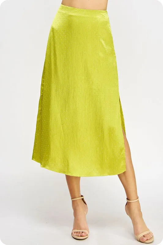 NEWEST ARRIVAL Chartreuse Green Studded Satin Skirt Set