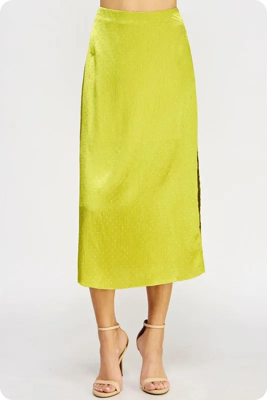 NEWEST ARRIVAL Chartreuse Green Studded Satin Skirt Set