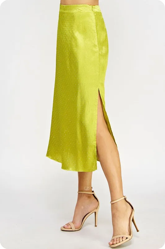 NEWEST ARRIVAL Chartreuse Green Studded Satin Skirt Set