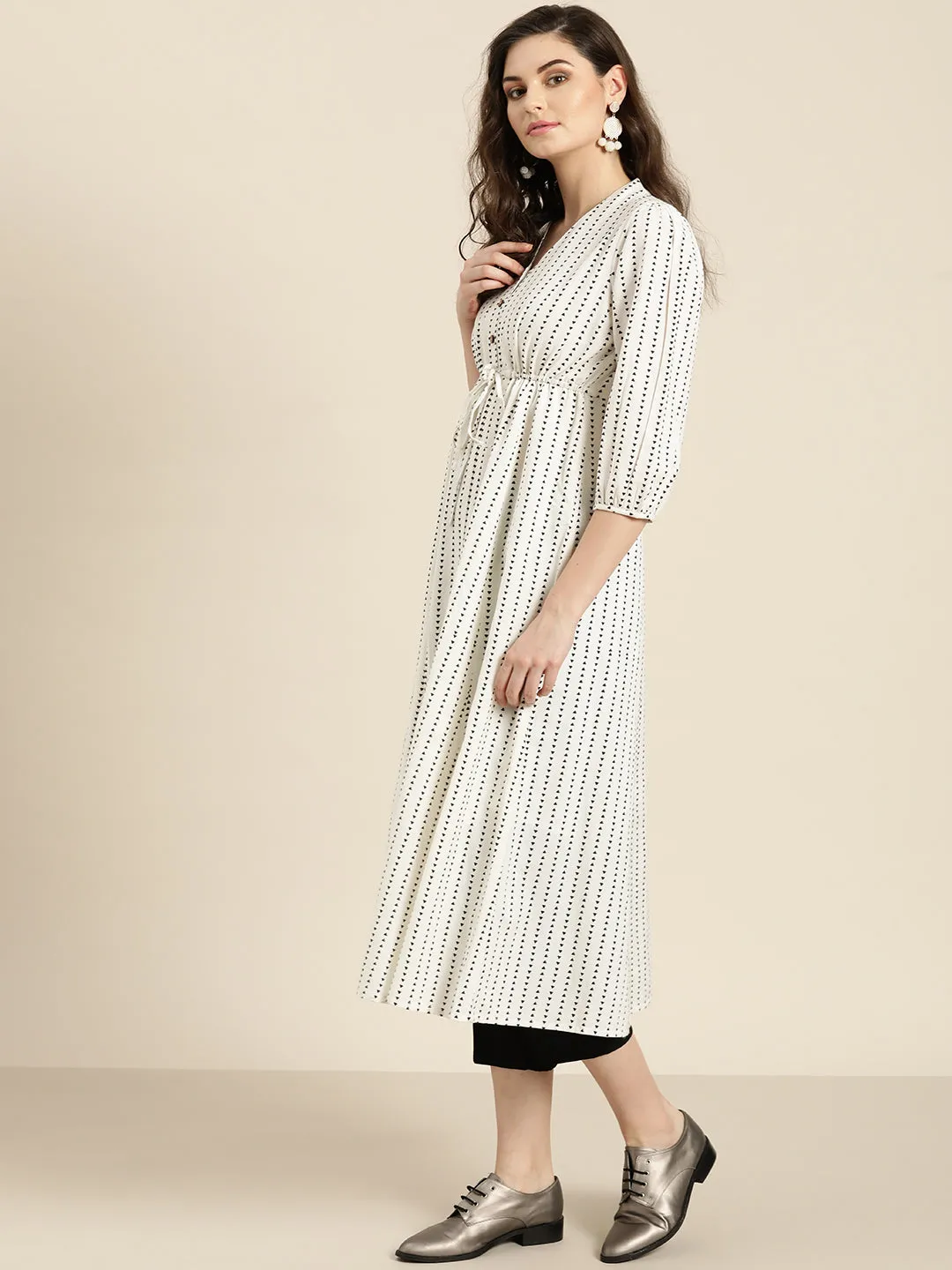Off White Geo Print Drawstring Kurta