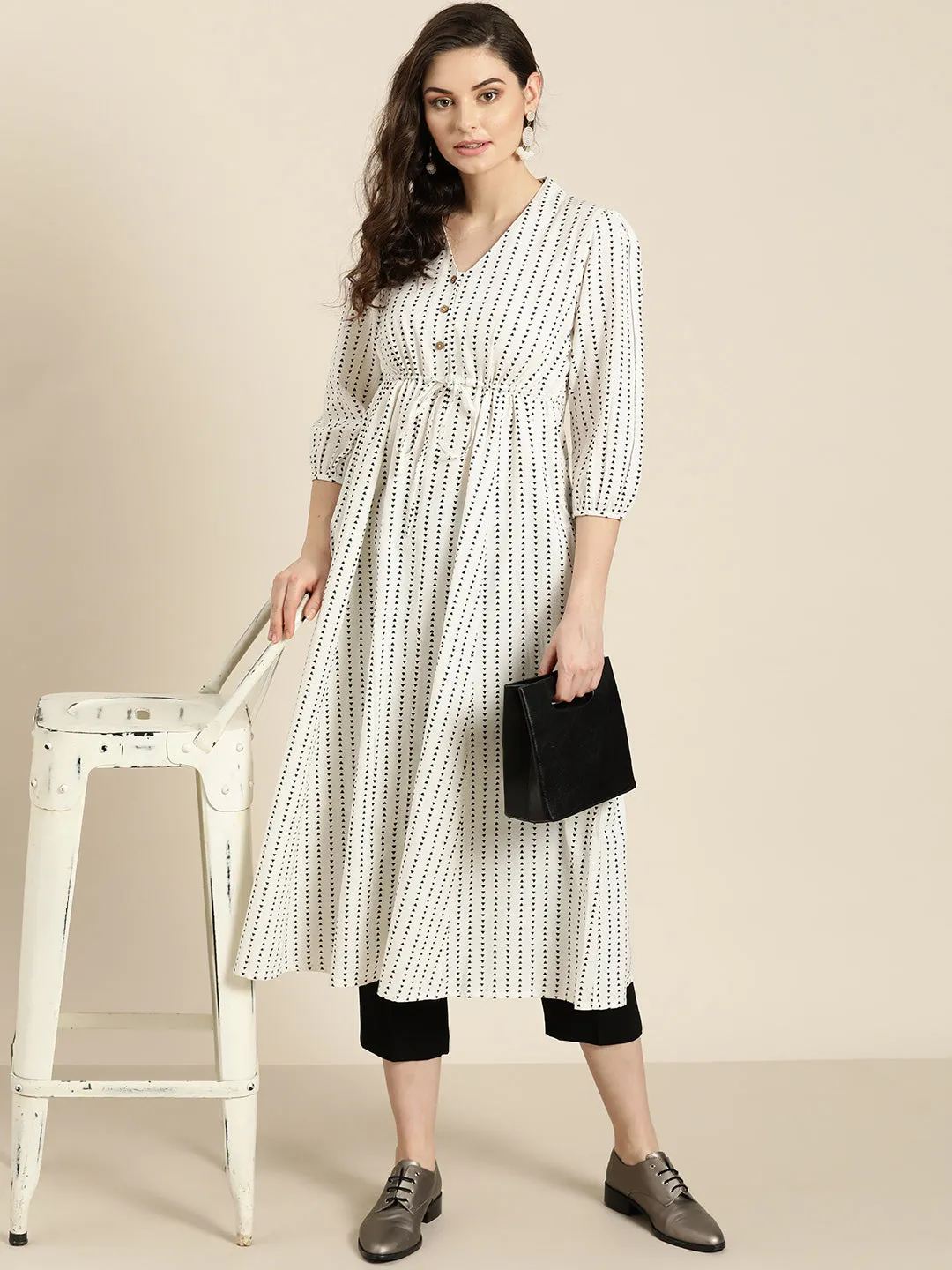 Off White Geo Print Drawstring Kurta