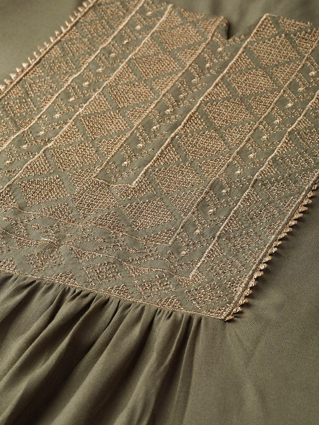 Olive Lace Zari Embroidery Kurta With Olive Pants