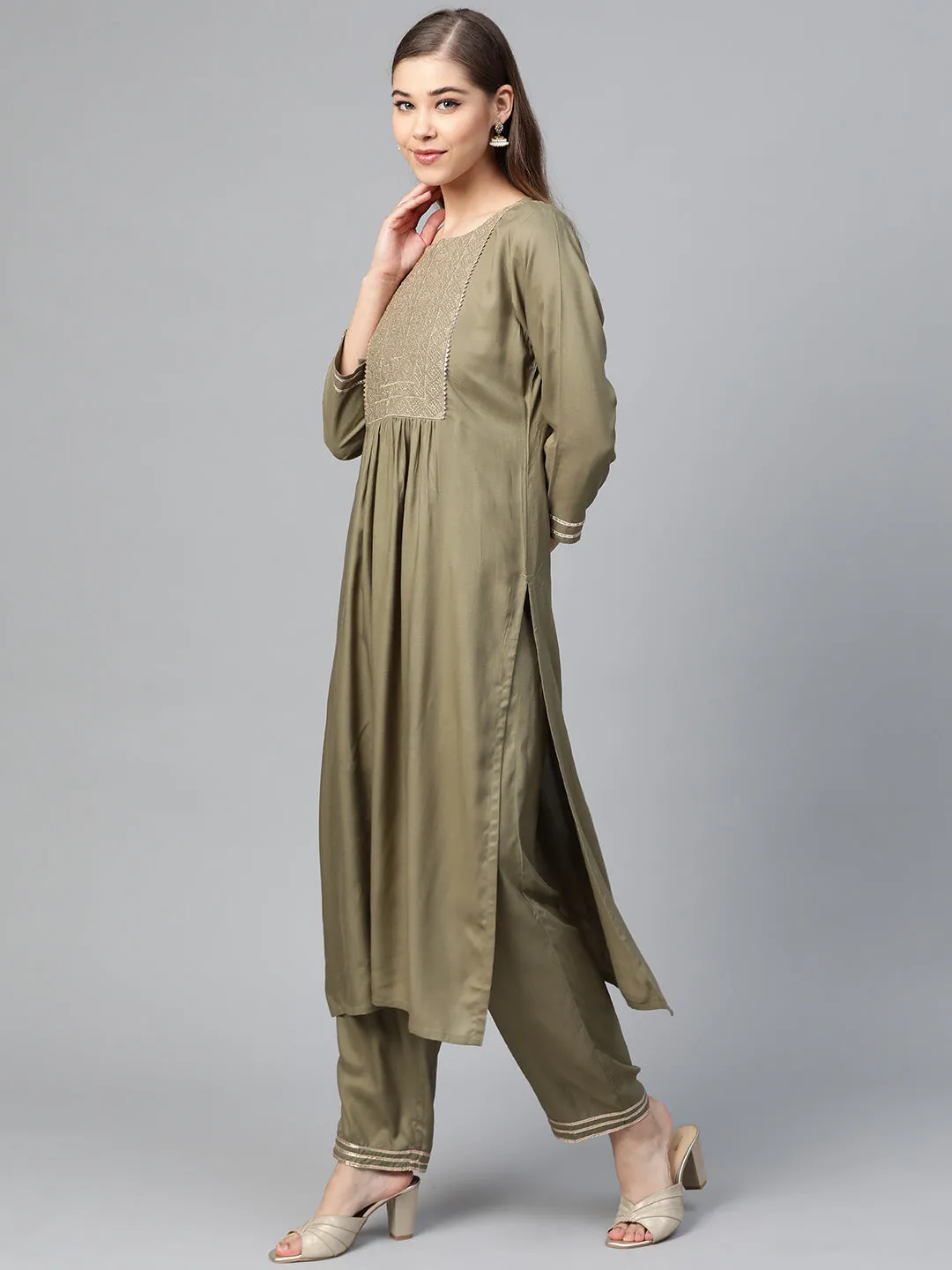 Olive Lace Zari Embroidery Kurta With Olive Pants