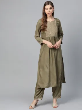 Olive Lace Zari Embroidery Kurta With Olive Pants