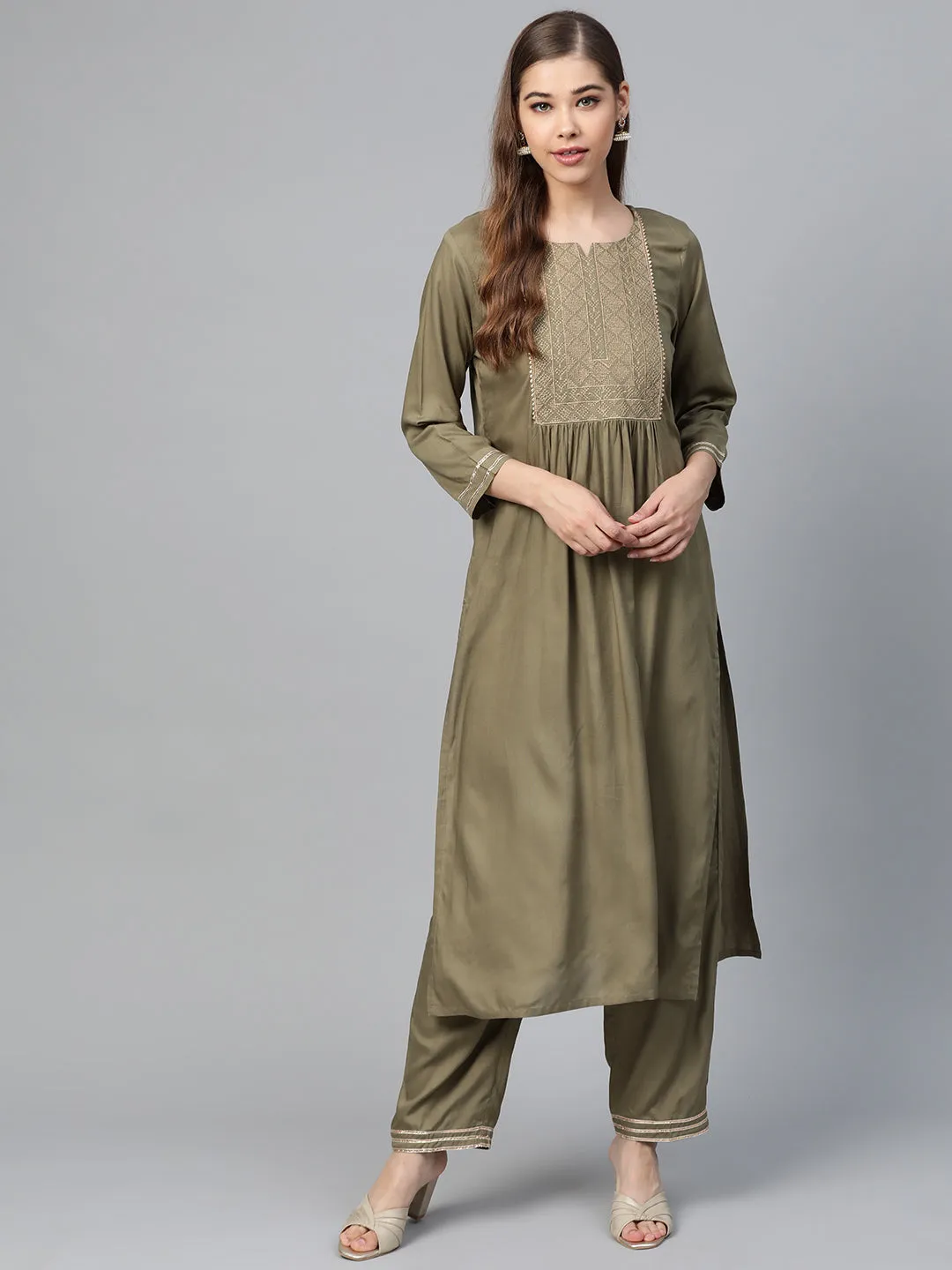 Olive Lace Zari Embroidery Kurta With Olive Pants