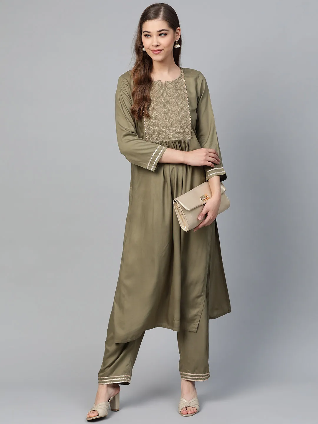 Olive Lace Zari Embroidery Kurta With Olive Pants
