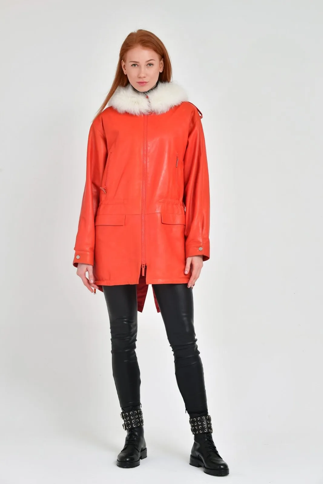 Orange Long Leather Coat
