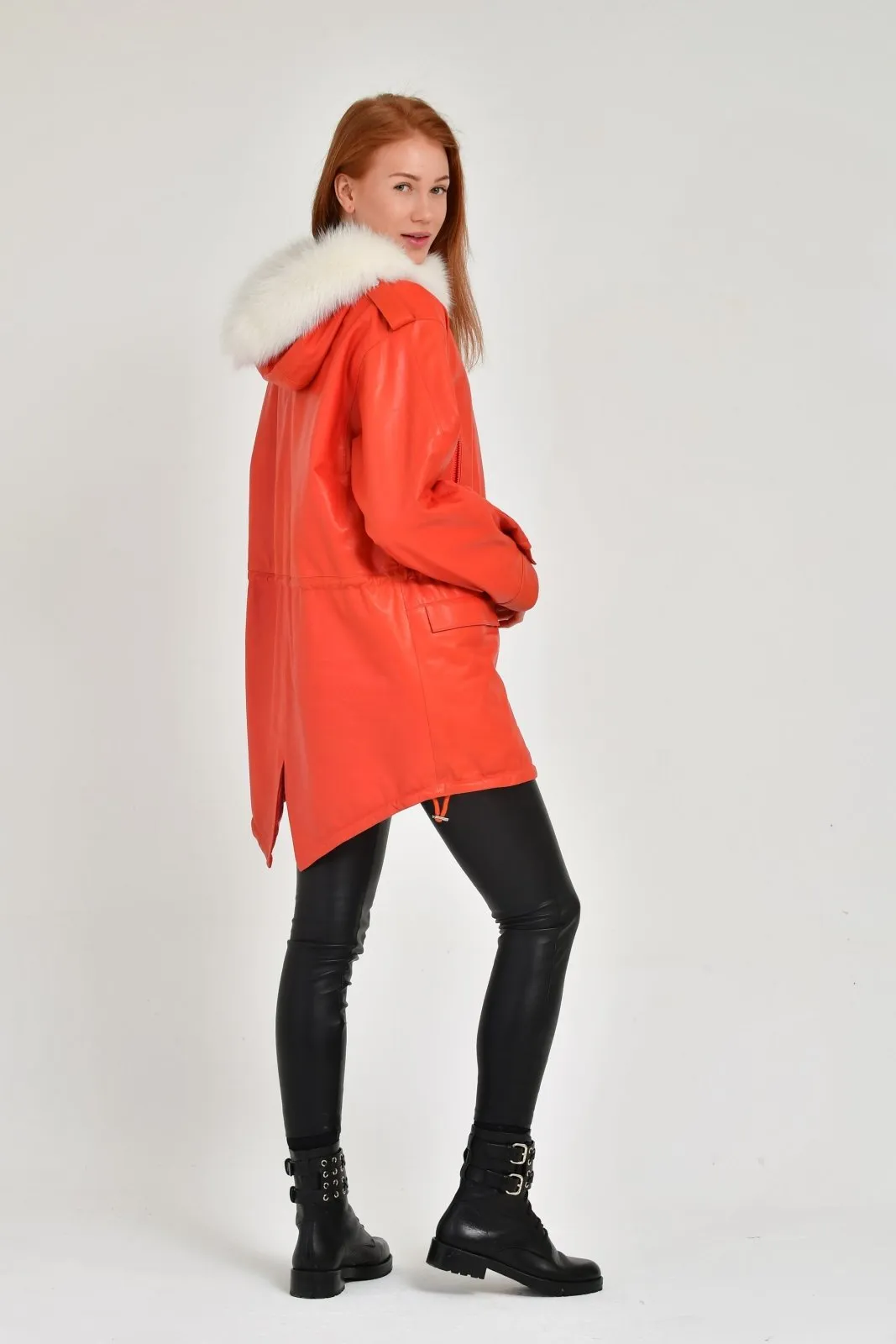 Orange Long Leather Coat