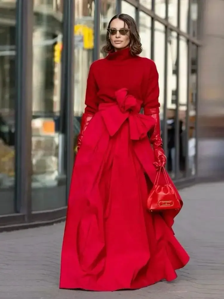Perfect A-line Long Satin Skirts With Sash Bow