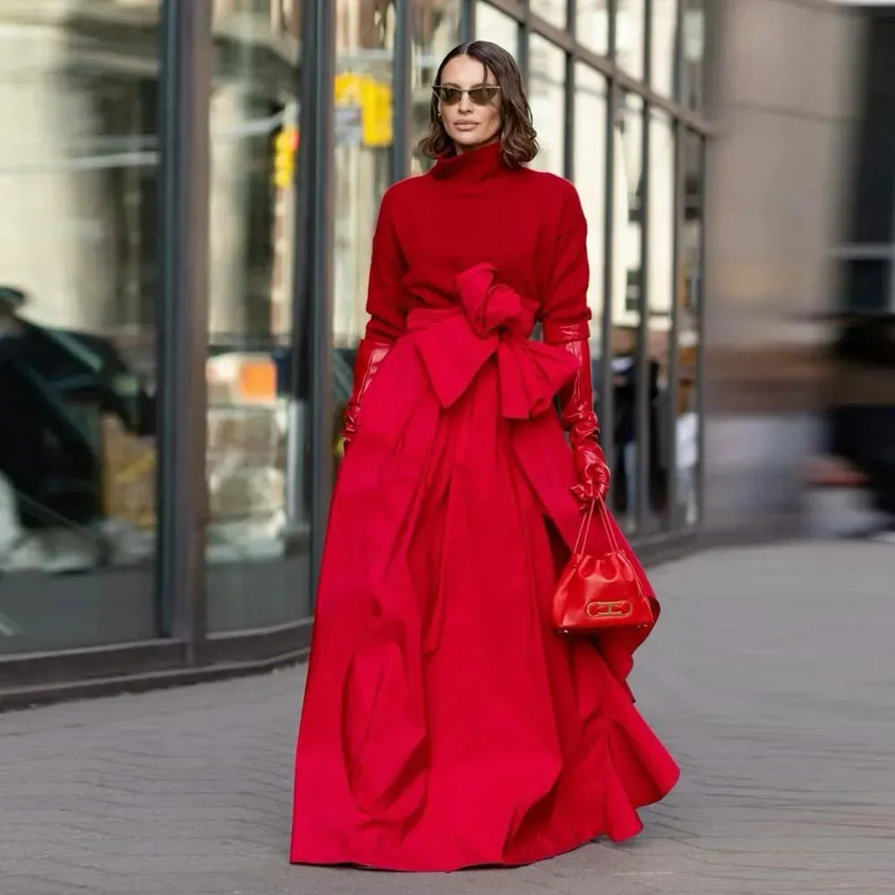 Perfect A-line Long Satin Skirts With Sash Bow