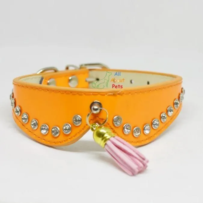 Pet Leather Collar With Crystals & Tassel